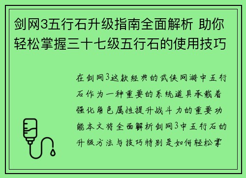 剑网3五行石升级指南全面解析 助你轻松掌握三十七级五行石的使用技巧与提升方法 剑网3五行石升级指南全面解析 助你轻松掌握三十七级五行石的使用技巧与提升方法